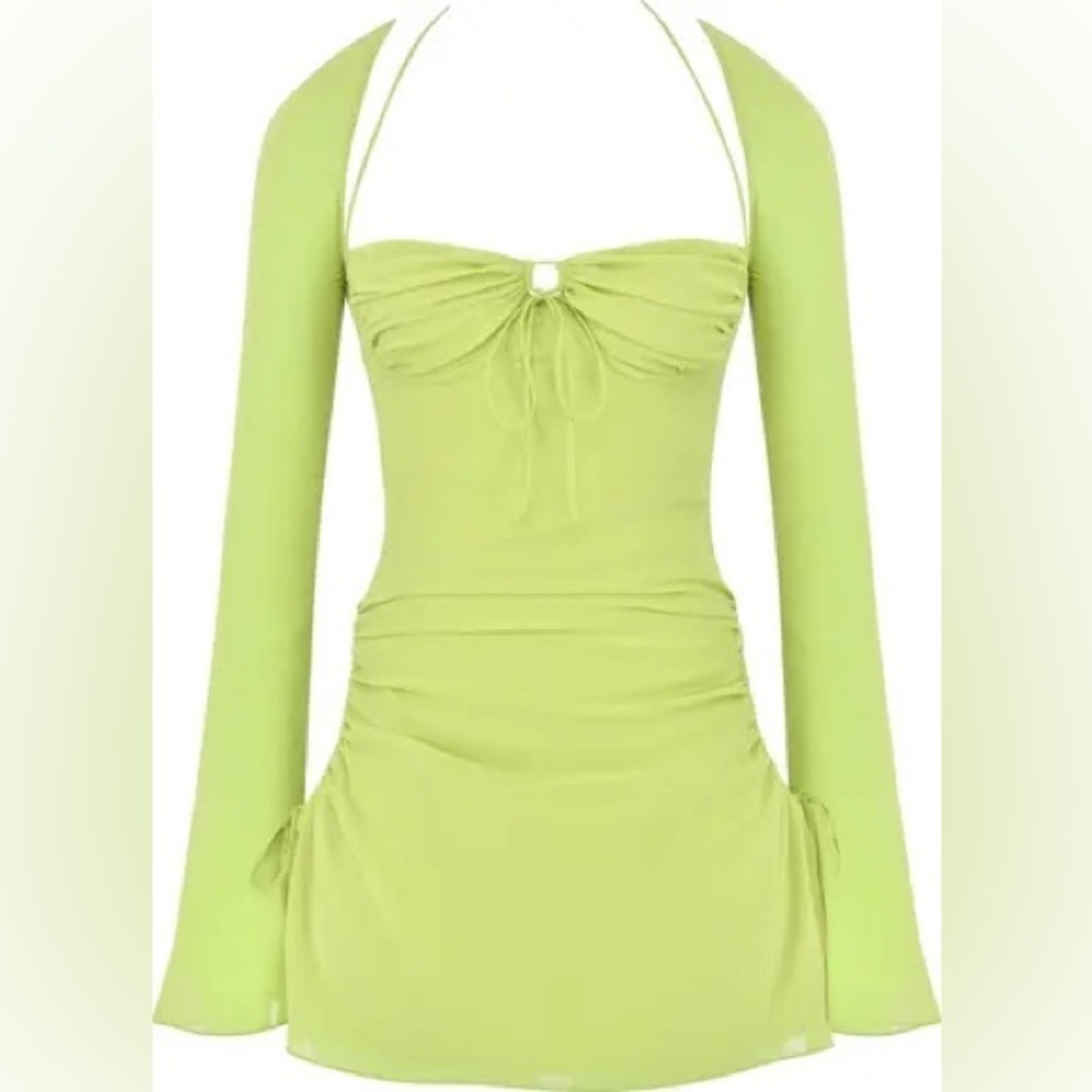 NWT House of CB Baby Lime Green Chiffon Cutout Halter Long Sleeve Mini Dress
